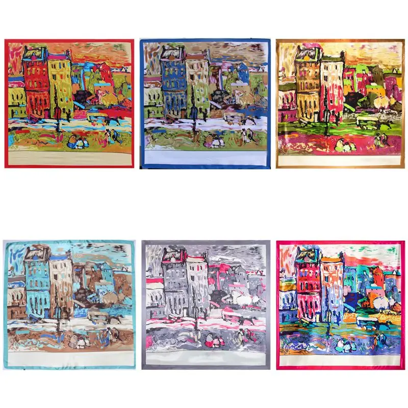 

Women Imitation Silk Sunscreen Shawl Graphic Famous Oil Painting House Print Square Scarf Neckerchief Handbag Ribbon Head Wrap
