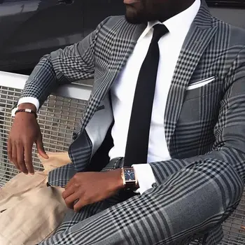 Tanie Szary Mężczyzna W Stylu Vintage Plaid Garnitury Brytyjskim Stylu Mężczyźni Slim Fit Garnitury Notch Lapel Groomsmen Garnitury ślubne Smokingi (kurtka + Spodnie)