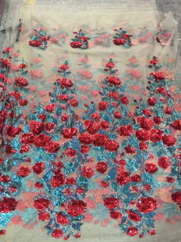 

African 3D Sequins Lace Fabric 2019 Red Blue Green Lace French Sequence Tulle Lace Nigerian Lace Fabrics For Wedding Party Dress