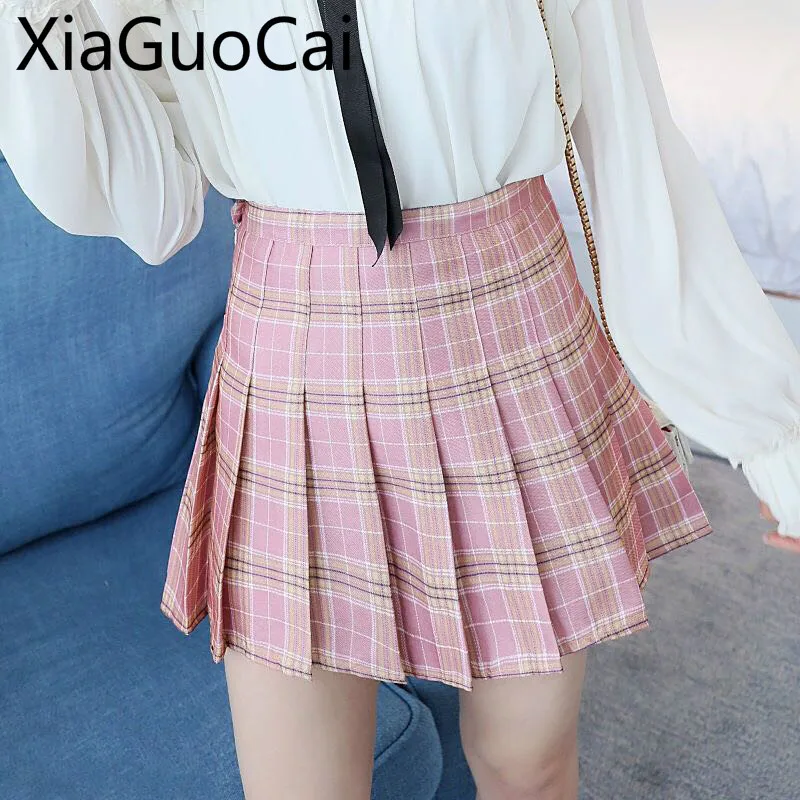 

2019 College Wind Womens Plaid Skirts Summer High Waist Student Skirts Newest Spring A Line Pleated Skirts
