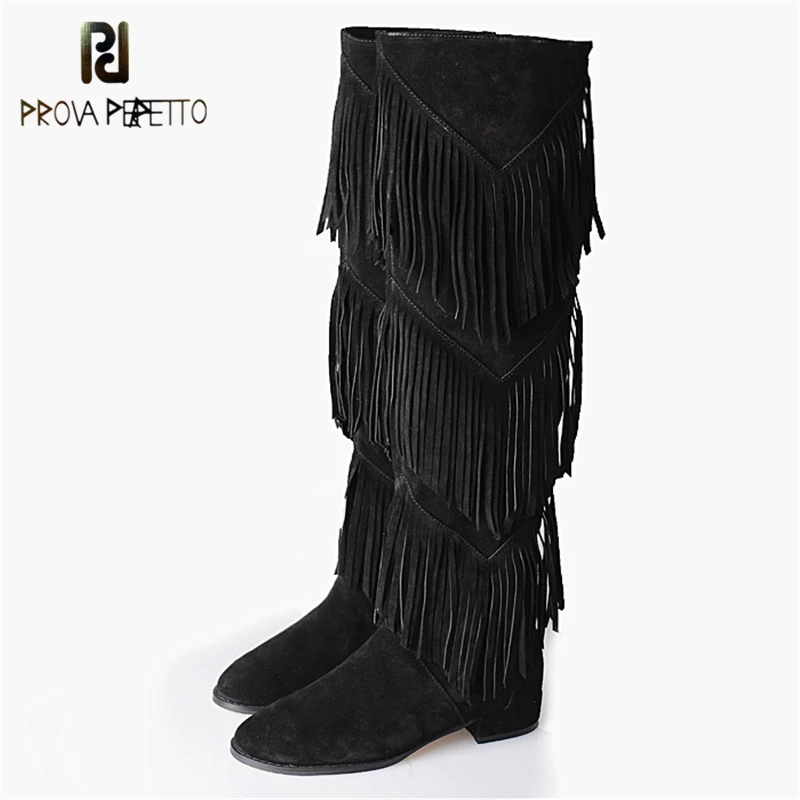 

Prova Perfetto Winter Newest Women Boots Fashion Back Zipper Fringe Design Flock Over The Knee Boots Short Plush Warm Boot 2017