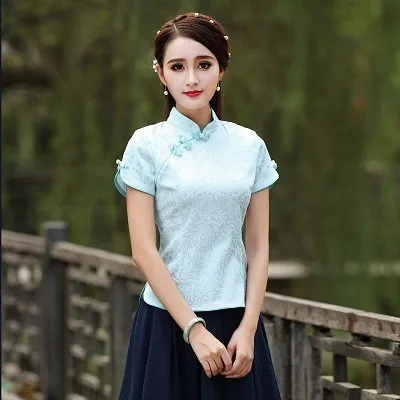 CHENG COCO традиционная китайская одежда для женщин Tang китайский стиль Топы короткий рукав лето красный Cheongsam Топ Vetement 3XL 4XL - Цвет: sky blue