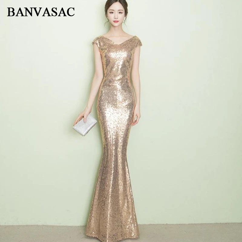 

BANVASAC 2018 V Neck Sequined Mermaid Long Evening Dresses Elegant Party Short Cap Sleeve Illusion Backless Prom Gowns