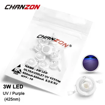 10 Pieces 3W LED Light Bulb Lamp UV Ultraviolet 425nm 3-3.4V 400mA-500mA High Power 3 W Watt Purple Ultra Violet Chip 3Watt COB