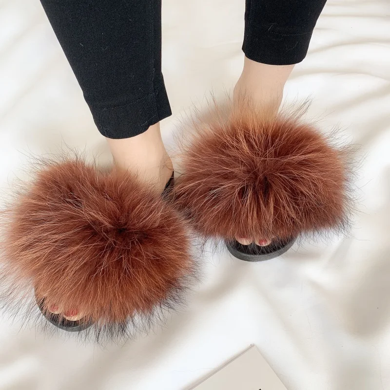 

Raccoon Fur Slides for Women Fluffy Furry Slippers Real Fur Fluffy Sliders Winter Indoor Fuzzy Home Slippers Flat Flip Flops