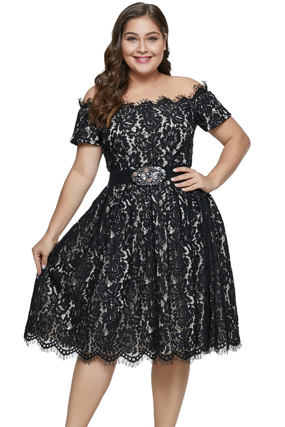 Black-Short-Sleeve-Off-shoulder-Lace-Plus-Size-Dress-LC611038-2-1