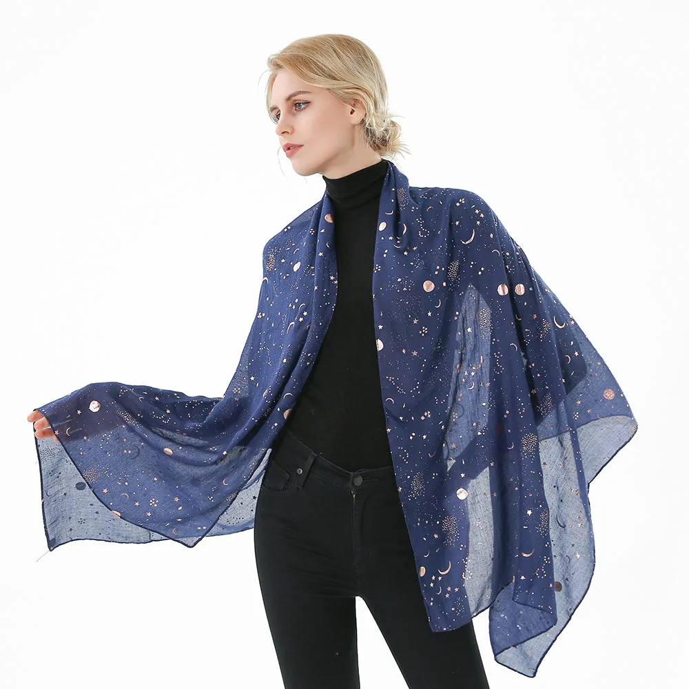 Winfox Новая мода ВМС Звезда Луна Фольга золотой блеск écharpe шарф из фуляровой ткани платок-хиджаб Для женщин дамы весна шарфы