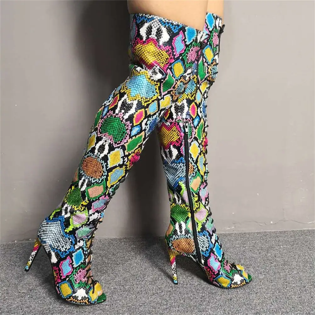 Luxury Women's Plus Size 35-47 Colorful Snake Print Women Shoes Woman Sexy Thin High Heels Summer Boots Over The Knee Boots