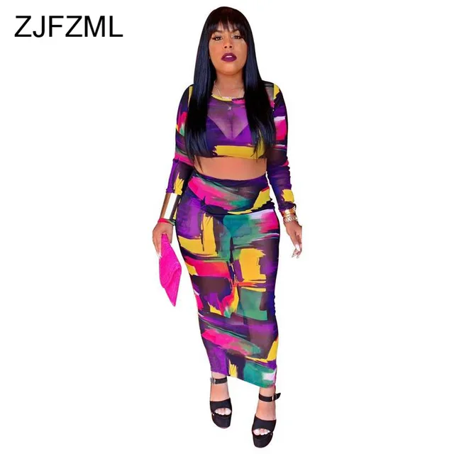 Special Price Print Two Piece Mesh Dress Ladies Long Sleeve Perspective High Waist Dresses Woman Party Night Plus Size Bodycon Maxi Long Dress