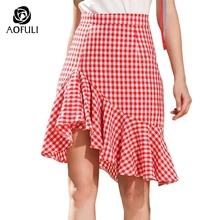 AOFULI Сексуальная клетчатая юбка русалки Плюс Размер Женская юбка Красный Белый Принт оборки Асимметричный бутик Falda L-XXXL 4XL 5XL A3564