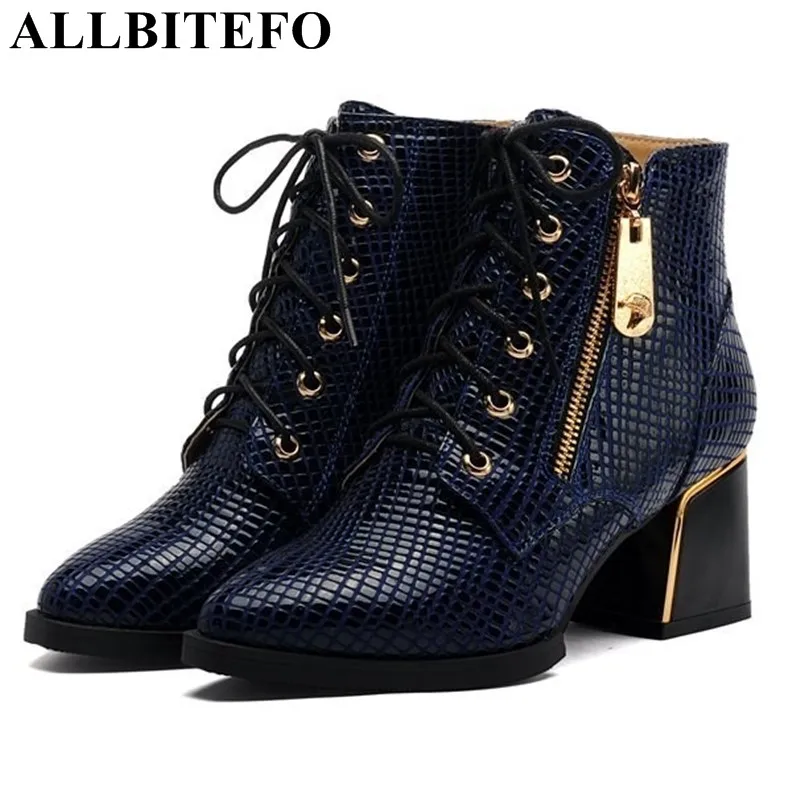 

ALLBITEFO fashion girls ankle boots natural Genuine leather pointed toe thick heels autumn winter women boots motorcycle boots