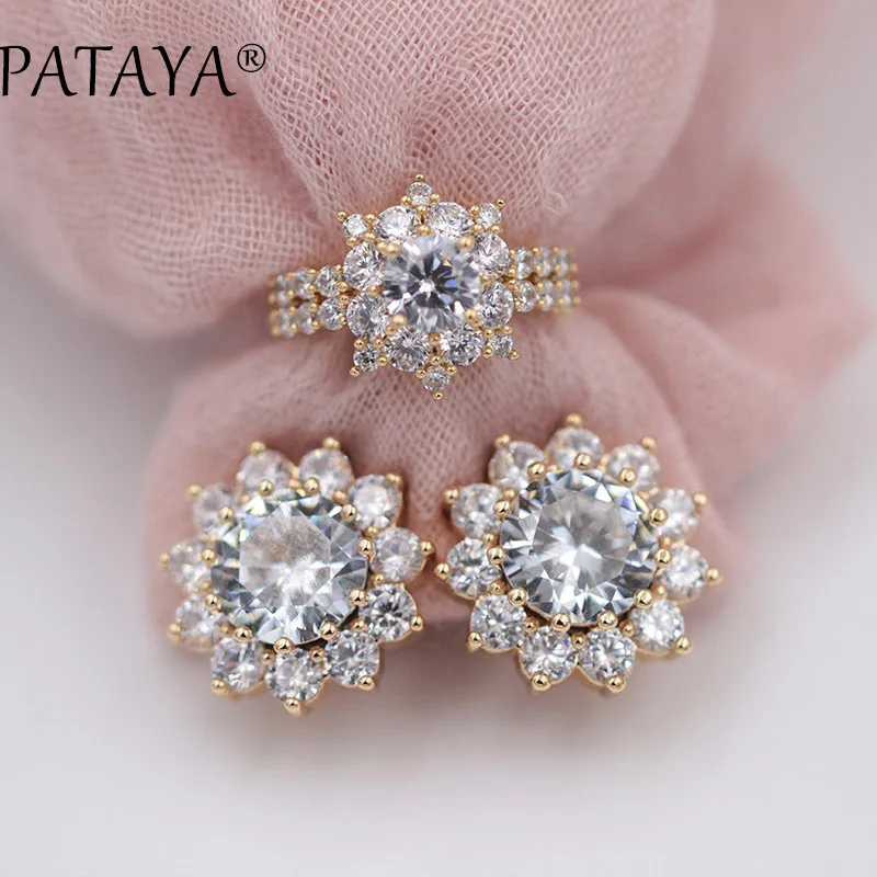 

PATAYA New Arrivals White Sunflower Round Natural Zircon Earrings Ring Sets 585 Rose Gold Exclusive Women Luxury Wedding Jewelry