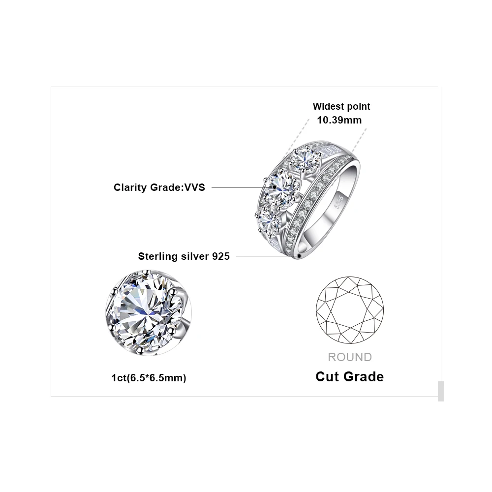 BLUE VOLGA Luxury 3ct Cubic Zirconia Finger Ring 3 Stone 925 Sterling Silver Anniversary Wedding Rings For Women Fine Jewelry Fine Jewelry