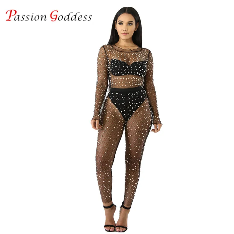 

2018 Summer Women Two piece set Sexy Pearls Mesh Perspective Hollow Out Top and High Waist Long Pants Women's suit 2 piece set