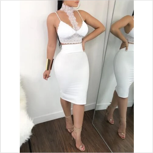 

Women Ladies 2 Piece Lace Bodycon Two Piece Outfits Sleeveless Shirt Crop Tops Skinny Skirt Set Bandage Party Clothing