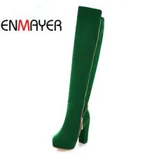 ENMAYER/популярные женские сапоги выше колена модная теплая флоковая обувь с цепочками сапоги на платформе и высоком каблуке зимние сапоги большого Size34-43