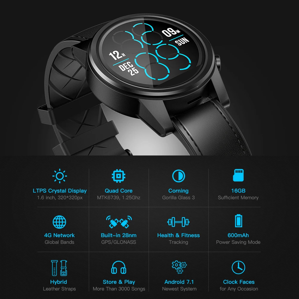 Zeblaze 4 PRO 4G умные часы 1,6 дюймов с кристаллами gps/ГЛОНАСС 16 Гб 600 мАч гибридные кожаные умные часы с ремнем для мужчин