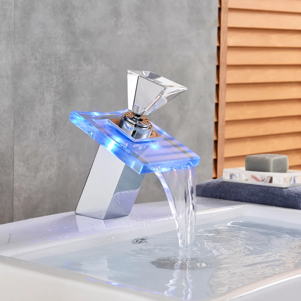 

Chrome Finish Bathroom Basin Sink Faucet Waterfall Vanity Sink Mixer Single Hole LED Spout Cold & Hot Water Mixer Tap