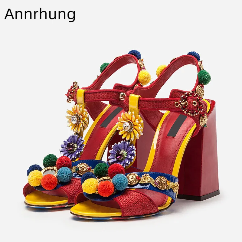 

Bohemian Colourful Pompom Embellished Sandals Women Flower T-Strap Heels Block High Heel Peep Toe Shoes Retro Red Sandals Mujer