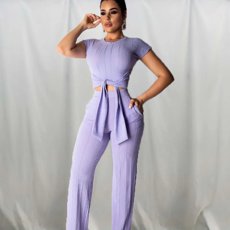 

2 Two Piece Set Women Solid color O Neck Crop Top and Long Pants Set Sexy Summer Short Sleeve Fashion casual T-shirt Women 2019