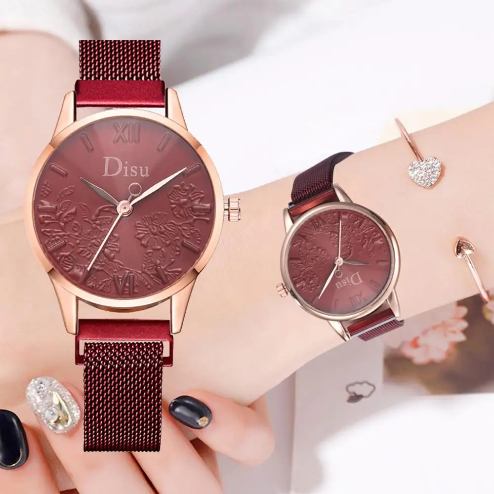 

New 2019 Fashion Women Brand Printed Flower Dial Watch Luxury Magnet Mesh Ladies Dress Quartz Clock Waterproof Female Wristwatch
