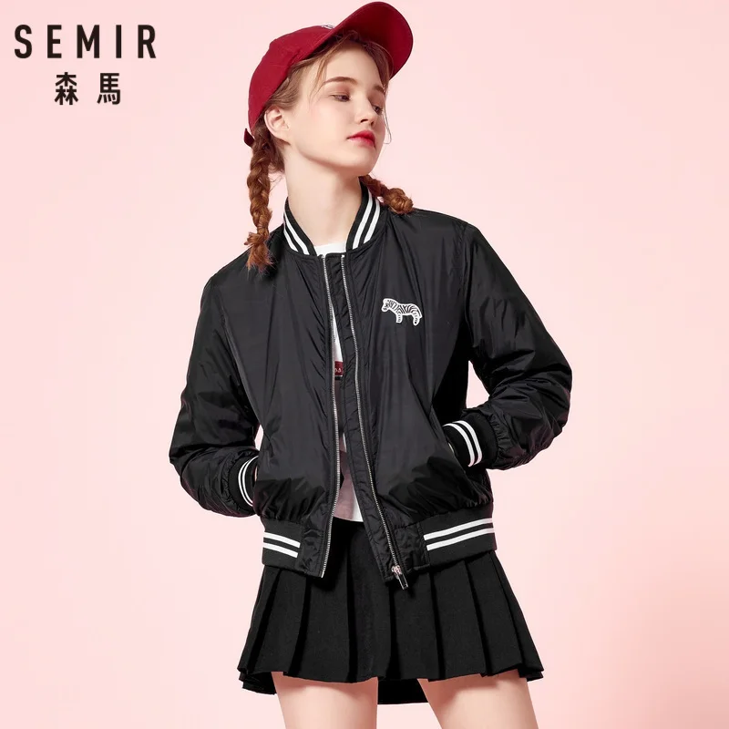 wonderful SEMIR Women Embroidered Baseball Jacket with Full Zip Draped Sleeve Sport Jacket with Pocket Contra