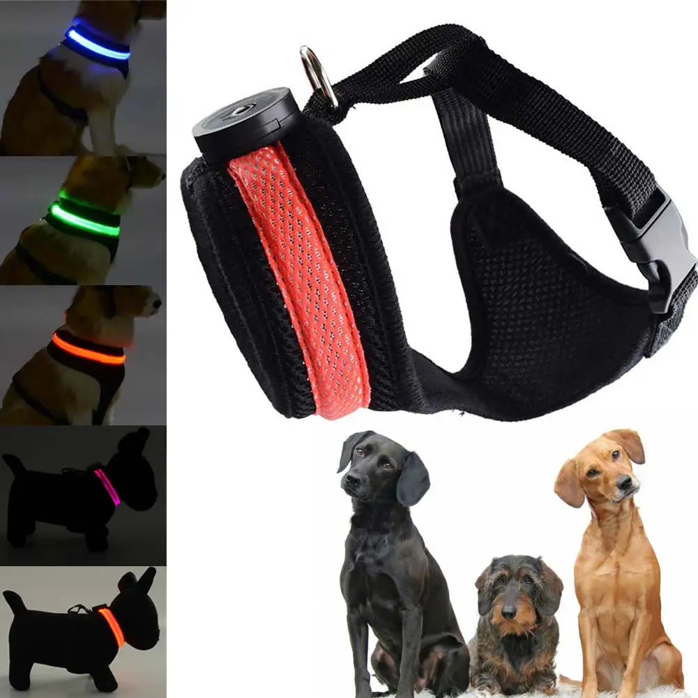 LED Pet Dog Collar Harness Flashing Light Puppy Training Walking Safety