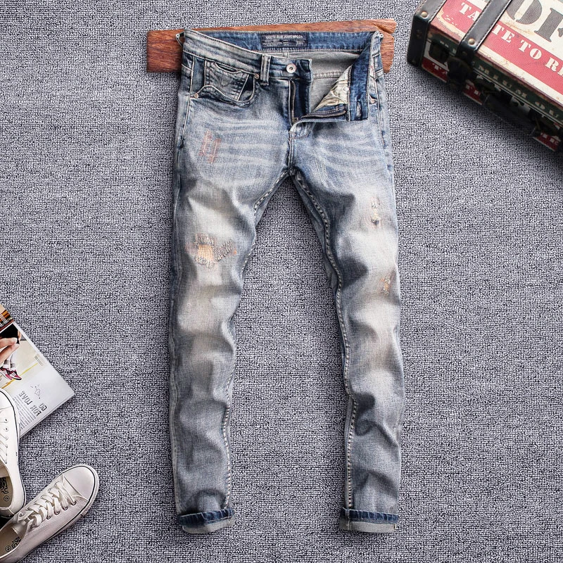 Fashion Designer Men Jeans Slim Fit Retro Wash Destroyed Ripped Jeans Men Embroidery Patchwork Pants Streetwear 1