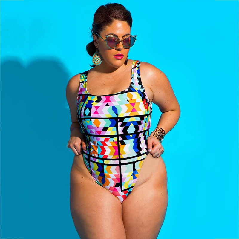 Cut Out Monokini Large Size 4XL One Piece Swimsuit Women Print Geometric Bathing Suit Big Size Vintange Swimwear Plus Size Suits