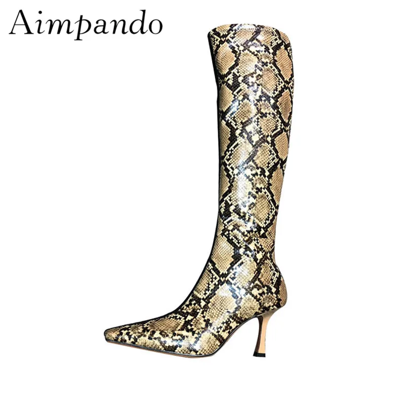 

Newest Snakeskin Knee High Boots Women Square Toe Strange High Heels Serpentine Suede Patchwork Runway Botas Mujer