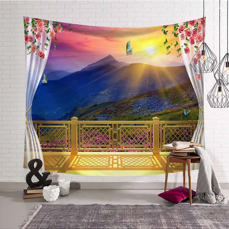

Psychedelic 3D Window Mountain Tapestry Dorm Decor Hippie Tapestry Wall Hanging Curtain Cloth Landscape Art Backdrop Wall Carpet