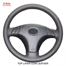 Yuji-Hong Top Layer Genuine Cow Leather Car Steering Covers Case for MAZDA 3/5/6 2006 Hand-stitched Cover Car-styling Black