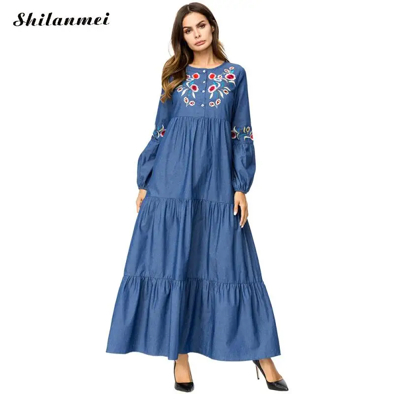 Vintage Women Long Dress 2018 Denim Autumn Winter Long Sleeve Embroidery Dress Plus Size Loose Party Dress Vestidos 3xl 4xl Dresses