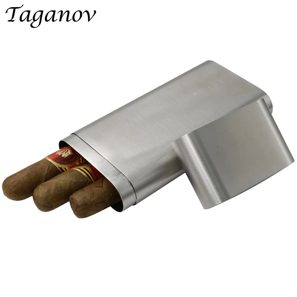 

New Pattern Three Cigars Tube / Box Brushed 304 Stainless Steel Portable Cigar Accessories men boy Gift Travel Cigar Accessories