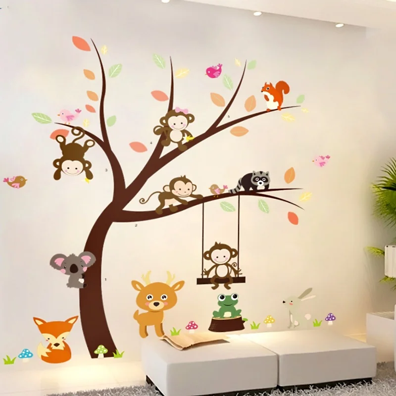 

forest monkey bird rabbit tree wall stickers for kids rooms home decor cartoon animal wall decals diy posters pvc mural art