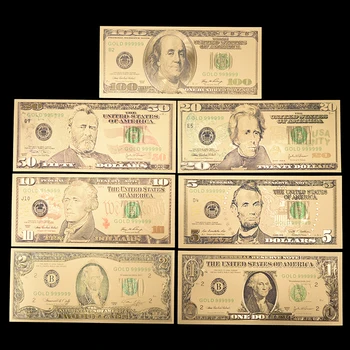 7pcs/lot US Gold Foil Banknote America Fake Banknotes All Dollar Banknotes Paper Money Collection for Home Decoration Gift