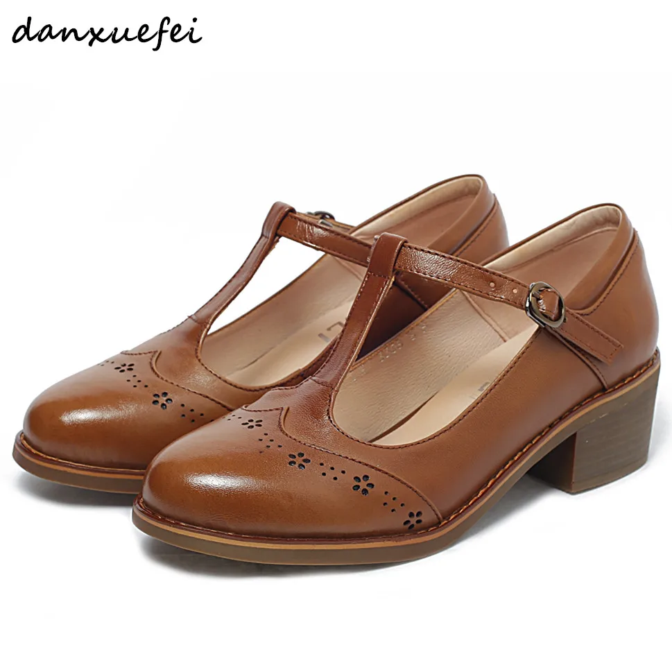 

3 Color Women's Genuine Leather Carving Retro Mary Jane Pumps Brand Designer T-strap Vintage Med Heel Comfortable Heeled Shoes