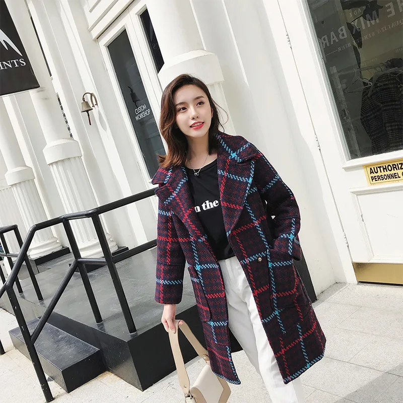 Plaid Longues Col 2018 Lâche Automne Manteaux Long Bourgogne Élégant Occasionnel Outwear Laine Manches Turn down Hiver De Femmes À Modis Manteau qBP8XI