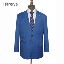 Custom made mens clothing customized men slim fit suit Custom Made high quality worsted wool blue Plaid Men Suit for wedding