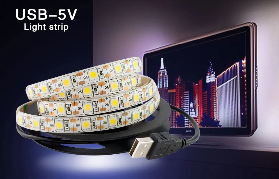 USB адаптер DC 5 В светодиодные ленты 2835 5050 SMD 60leds белый/теплый белый 100 см ленты Клейкие ленты для ТВ Задний план настенный светильник украшения