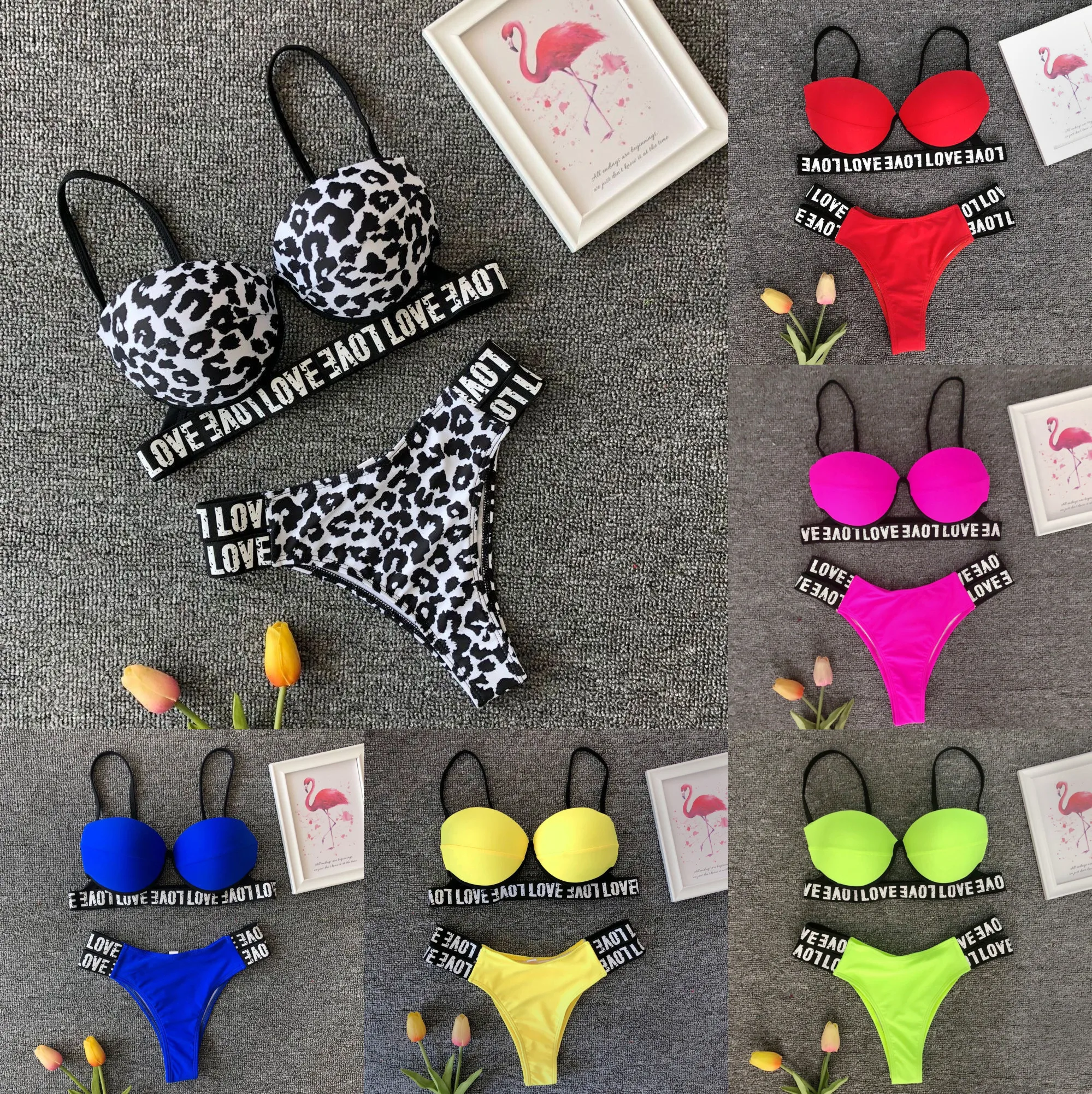 

Patchwork swimsuit Letter bikini push up Bathing suit women Hard-packed swimming suits Sexy Brazil bikinis set Leopard swimwear