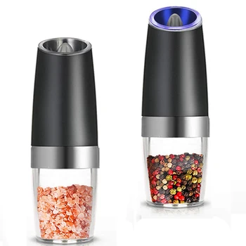 

Premium Gravity Electric Salt and Pepper Grinder Set of 2 Battery Powered Salt Shakers, Automatic One Hand Pepper Mills with L