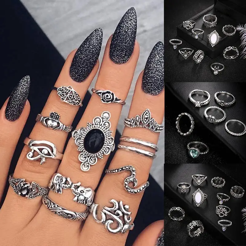 

1Set Silver Moon Knuckle Ring Set Crystal Zircon Heart Unique Flower Ring Set Vintage Knuckle Party Jewelry Golden Alloy Wave
