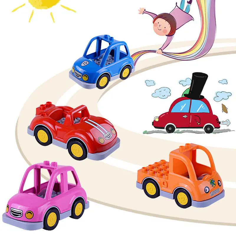 

City Cartoon Compaitble Duploe Car Trailer Truck Tractor Plane Model Building Blocks Bricks Educational Toys For Kids