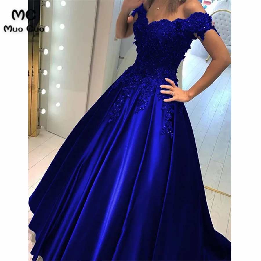 royer blue Новые темно-синие с открытыми плечами Вечерние платья Длинные с аппликацией из бисера с коротким рукавом А-силуэт Формальное вечернее платье - Цвет: royer blue