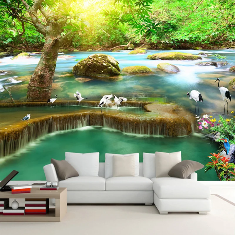 

Custom Photo Wallpaper Sunshine Forest Waterfall Crane Nature Landscape Large Mural Living Room Sofa TV Background Wall Painting
