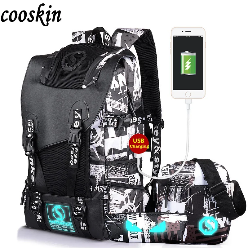 2017 New Men s USB Charge font b Backpack b font Fashion Student Luminous School Bags