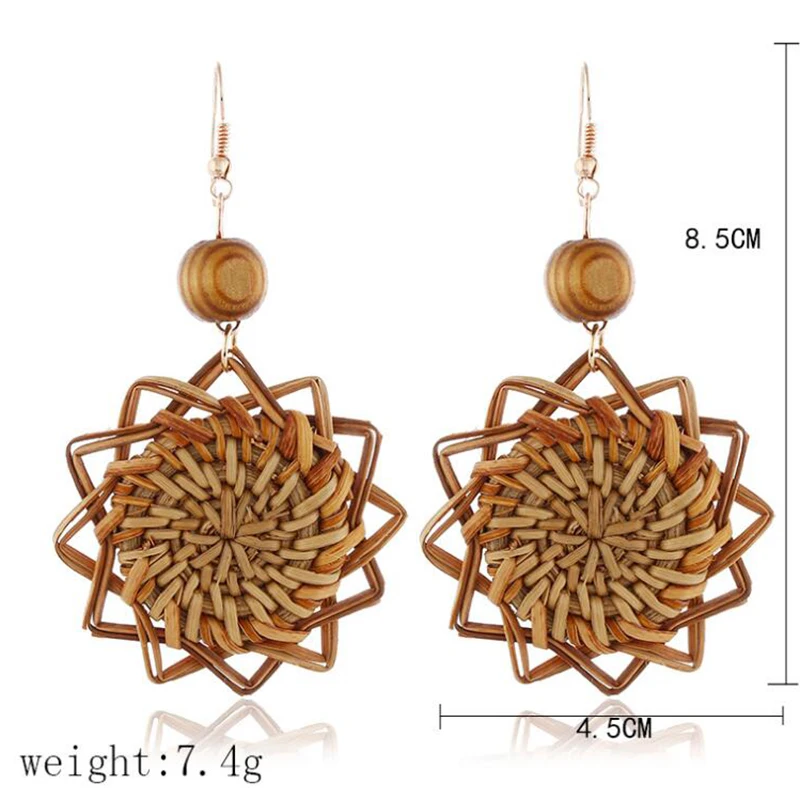 YAOLOGE Wooden Straw Weave Rattan Knit Vine Flowers Earrings For Women Hollow Flora African Woman Wooden Pendant Earrings 2019 2