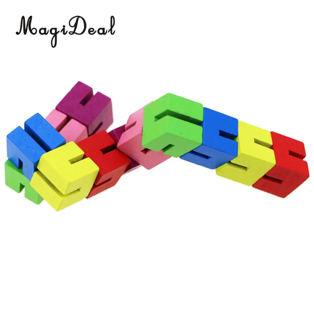 String Of 12 Wooden Blocks Cube Puzzle Shape Transforming Brain Teaser IQ & Sensory Stress Relief Toy