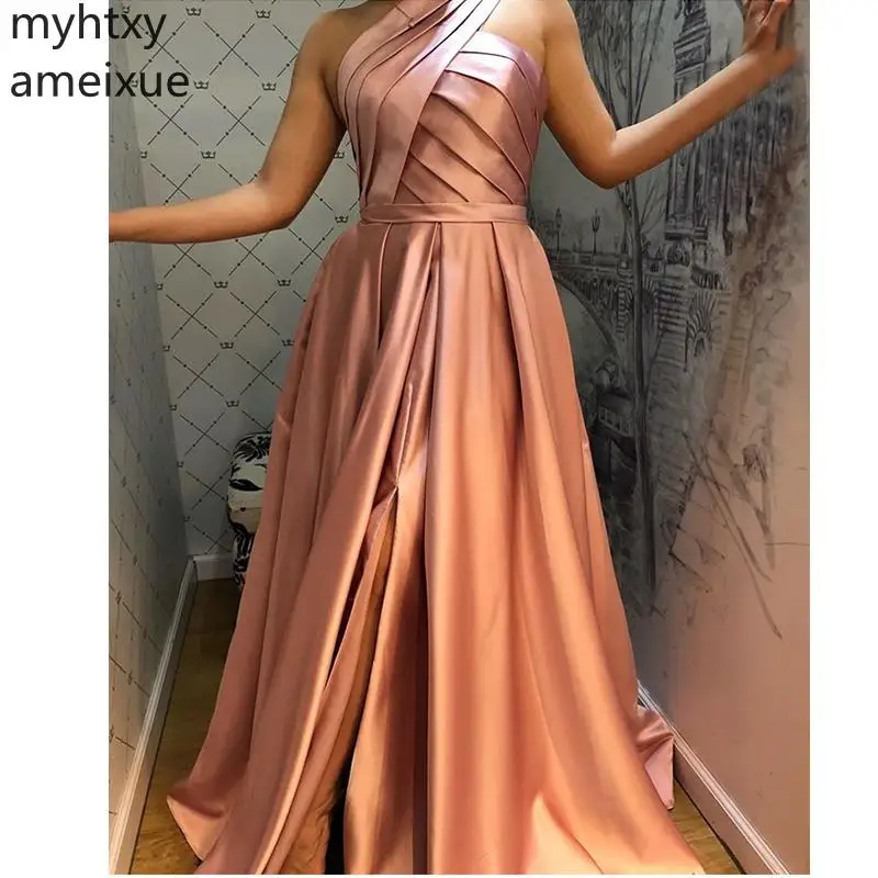 

Custom Event One Shoulder Long Prom Dress With Pockets Front Split A-line Pleats Rose Pink Dark Green Satin Formal Party Gowns